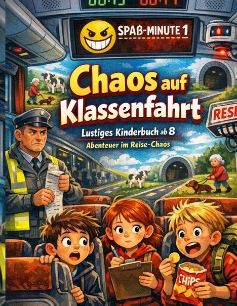 "Chaos auf Klassenfahrt. Lustiges Kinderbuch ab 8. Abenteuer im Reise-Chaos." Illustration von Kindern im Zug mit Kontrolleur.
