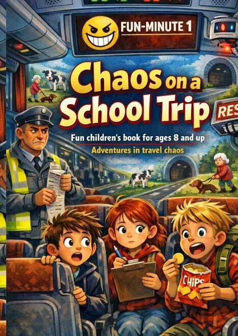 "Chaos on a School Trip: Fun children's book for ages 8 and up. Drei Kinder im Bus, ein genervter Fahrer und Kühe draußen."