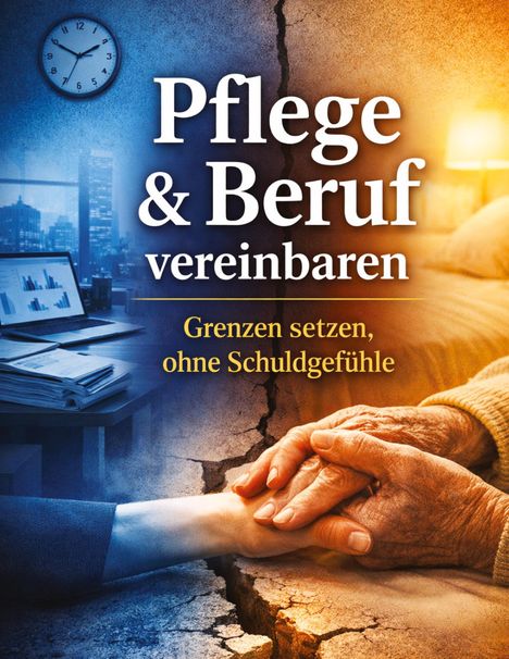 Texte: "Pflege & Beruf vereinbaren: Grenzen setzen, ohne Schuldgefühle." Illustration von beruflichem und privatem Umfeld.
