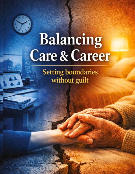 "Balancing Care & Career: Setting boundaries without guilt." Links Büro, rechts Bett, Hände verbunden, Farben Blau-Orange.