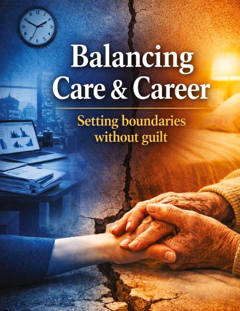 "Balancing Care & Career. Setting boundaries without guilt." Links Büroszene, rechts Hände auf warmem Hintergrund.