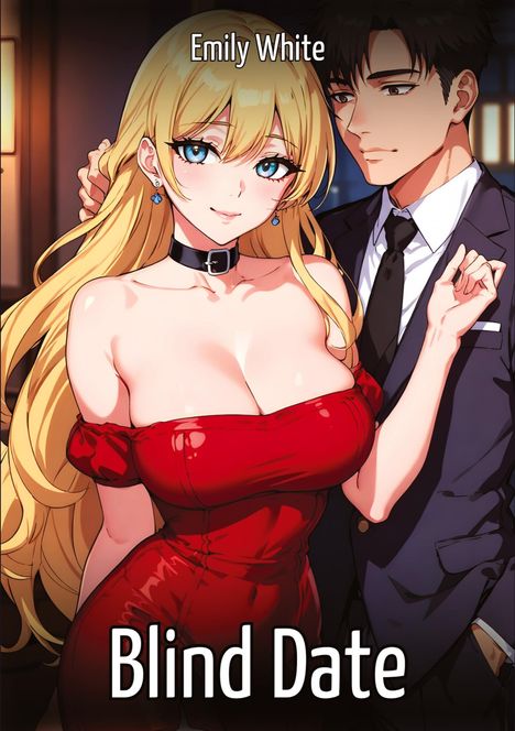 „Emily White“, „Blind Date“. Illustration: Eine blonde Frau im roten Kleid, ein Mann im Anzug neben ihr.