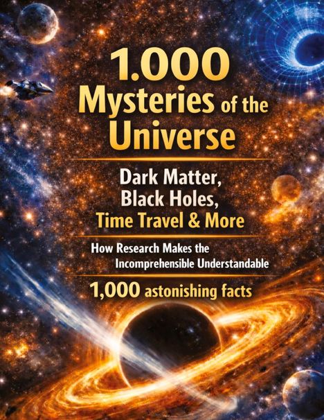 Text: "1.000 Mysteries of the Universe. Dark Matter, Black Holes, Time Travel & More. 1,000 astonishing facts."  
Illustration zeigt den Weltraum mit schwarzen Löchern.