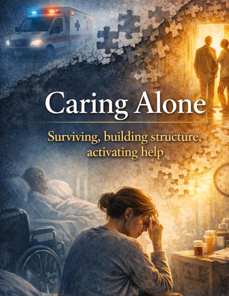 "Caring Alone. Surviving, building structure, activating help." Illustration einer Frau neben einem Krankenbett.