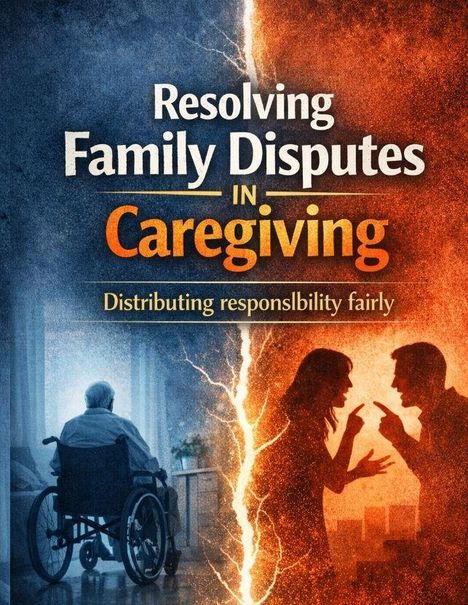 „Resolving Family Disputes in Caregiving: Distributing responsibility fairly.“ Links: Person im Rollstuhl. Rechts: Streitende Silhouetten.
