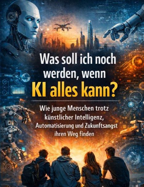 Text: "Was soll ich noch werden, wenn KI alles kann? Wie junge Menschen trotz künstlicher Intelligenz...ihren Weg finden." Oben links ein Roboterkopf und rechts eine Robotermanschette; unten sitzen drei Personen vor einem leuchtenden Hintergrund.