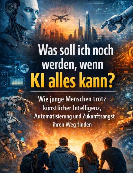 „Was soll ich noch werden, wenn KI alles kann?“ Roboter, Drohne, Skyline, Jugendliche von hinten, futuristische Szene.