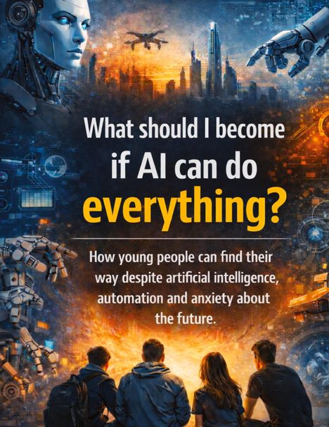 Ein Roboterkopf, Drohnen, Metropole, Roboterhand und vier Personen blicken auf futuristische Stadtlandschaft.