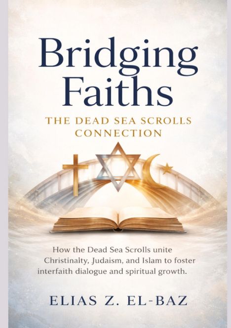 "Bridging Faiths: The Dead Sea Scrolls Connection" zeigt Symbole von Kreuz, Davidstern, Halbmond über einem offenen Buch.