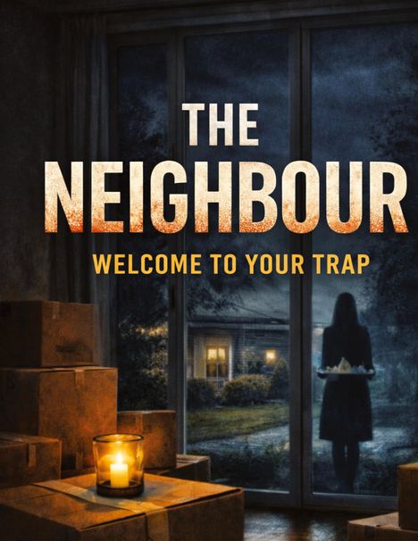 "The Neighbour", "Welcome to Your Trap" in großen Lettern, viele Umzugskartons, Kerze, dunkle Gestalt am Fenster mit Tablett.