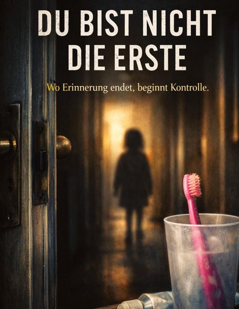 Text: "DU BIST NICHT DIE ERSTE. Wo Erinnerung endet, beginnt Kontrolle." Silhouettierte Gestalt im Flur, Zahnbürste im Vordergrund.