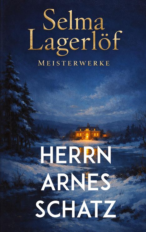"Selma Lagerlöf Meisterwerke, Herrn Arnes Schatz" steht über einer Winterlandschaft mit einem beleuchteten Haus.