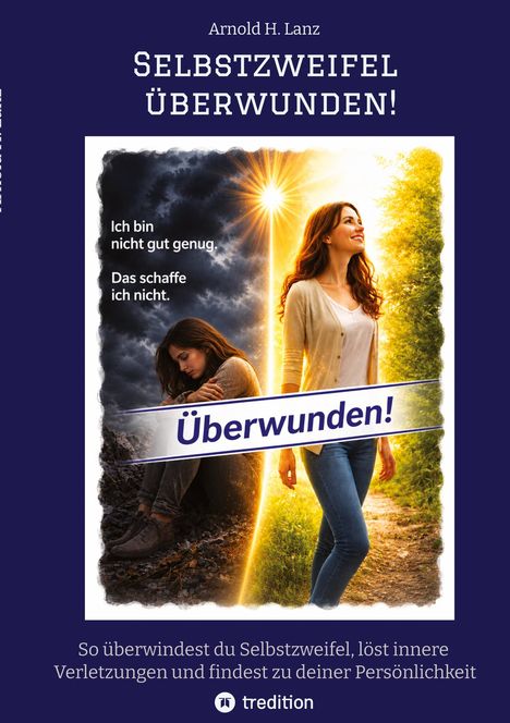 Titel: SELBSTZWEIFEL ÜBERWUNDEN! Szene: Frau in dunkler Umgebung, traurig. Daneben glücklich im Sonnenlicht.