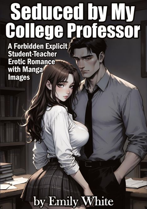 "Seduced by My College Professor" in großen Buchstaben. Illustrierte junge Frau in Schuluniform, Mann im Hemd daneben.