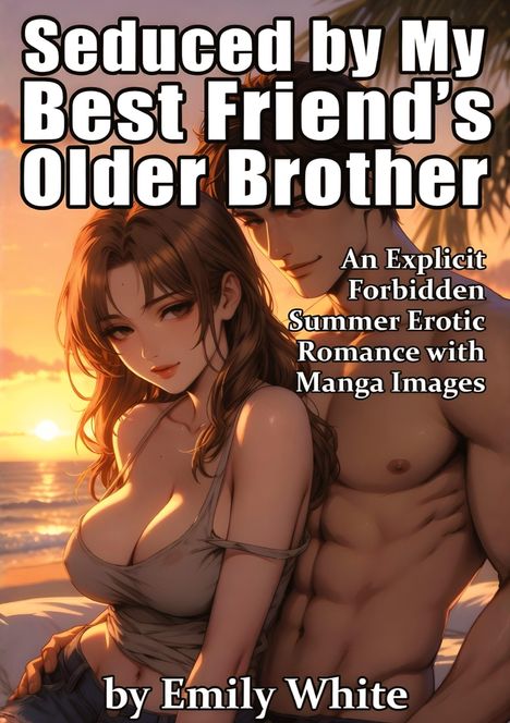 "Seduced by My Best Friend's Older Brother" Text, ein Paar am Strand, romantische Atmosphäre.