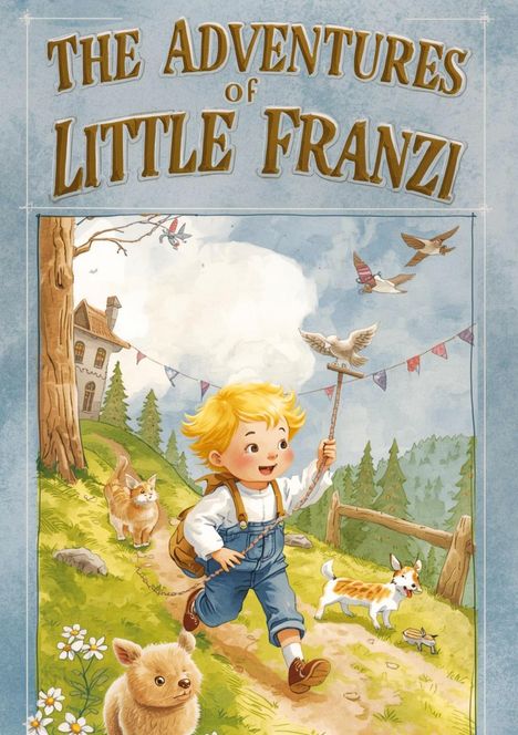 „The Adventures of Little Franzi“ steht oben. Ein fröhliches Kind, Tiere und Natur in einer idyllischen Szene.