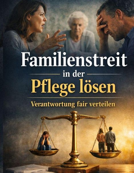 "Familienstreit in der Pflege lösen. Verantwortung fair verteilen." Oben streitende Personen, unten Waage mit Personen.