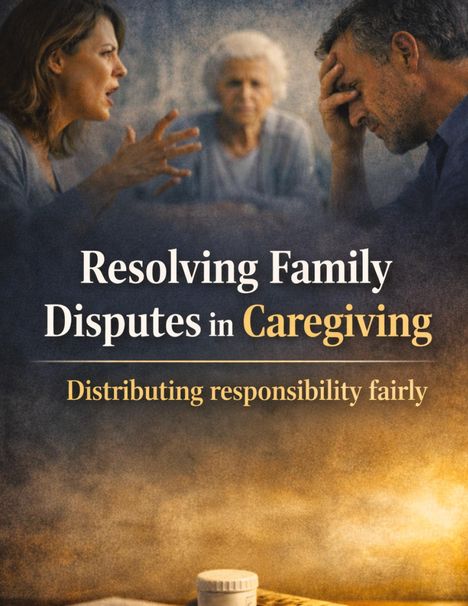 "Resolving Family Disputes in Caregiving. Distributing responsibility fairly." Oben streiten sich zwei Erwachsene; eine alte Frau sitzt dazwischen. Unten Medikamente.