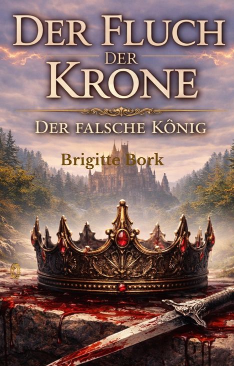 „Der Fluch der Krone. Der falsche König. Brigitte Bork“. Eine illustrierte Krone liegt blutig vor einem Schloss.