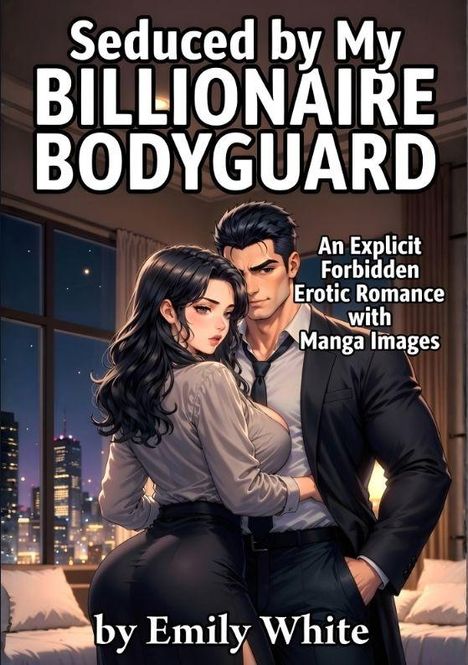 "Seduced by My Billionaire Bodyguard" steht darüber. Illustration von einem Paar in einem eleganten Zimmer mit Stadtblick.