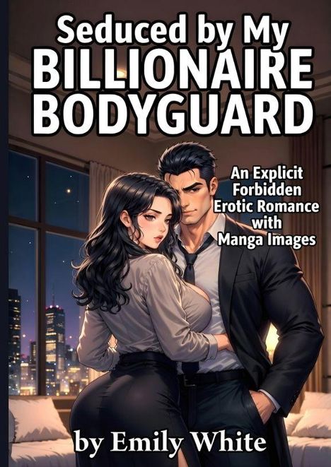 „Seduced by My Billionaire Bodyguard“ von Emily White. Manga-Stil: Mann und Frau in eleganter Kleidung in einem Raum.