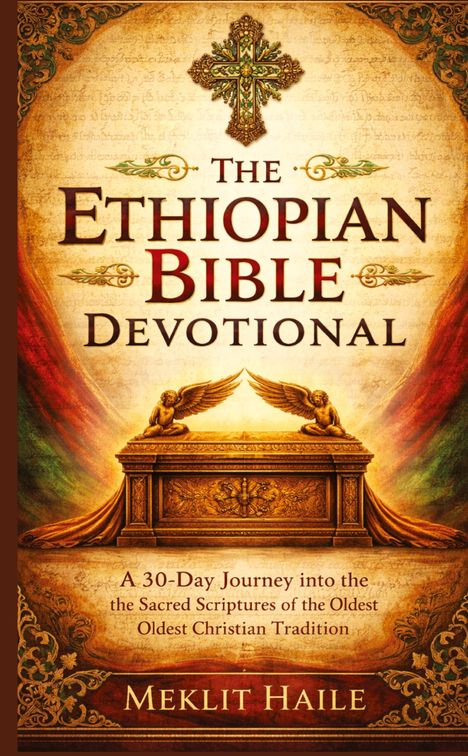 "The Ethiopian Bible Devotional" von Meklit Haile. Antikes Dekor, goldene Engelsfiguren und reich verzierte Ornamente.