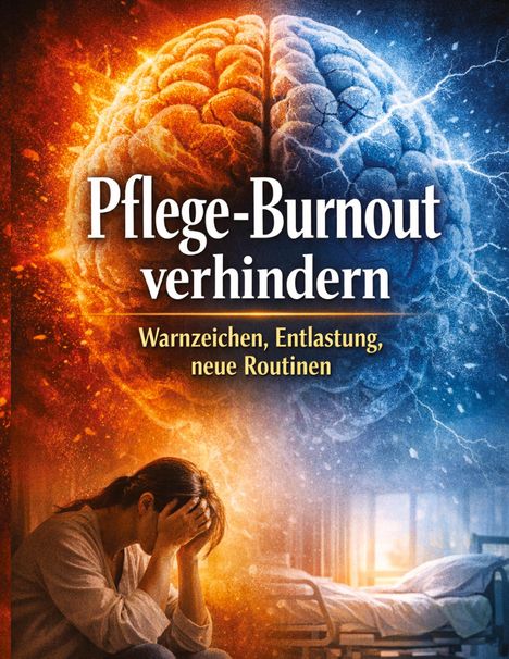 „Pflege-Burnout verhindern. Warnzeichen, Entlastung, neue Routinen.” Oben ein gespaltenes, leuchtendes Gehirn. Unten eine Person mit gesenktem Kopf.
