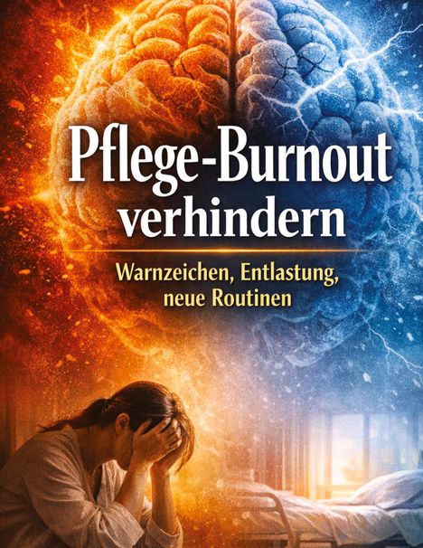 „Pflege-Burnout verhindern. Warnzeichen, Entlastung, neue Routinen.“ Visualisierung: Gehirn aus Feuer und Eis. Frau mit Kopf in Händen.