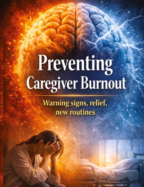 "Preventing Caregiver Burnout. Warning signs, relief, new routines." Oben ein leuchtendes Gehirn, unten eine erschöpfte Person.