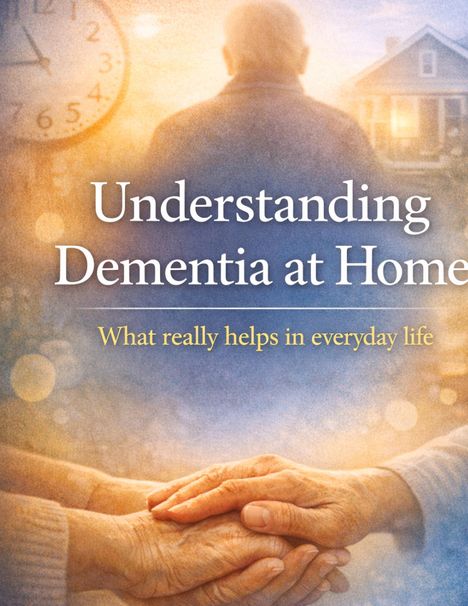 „Understanding Dementia at Home. What really helps in everyday life.“ Unscharfer Hintergrund; Hände halten sich.