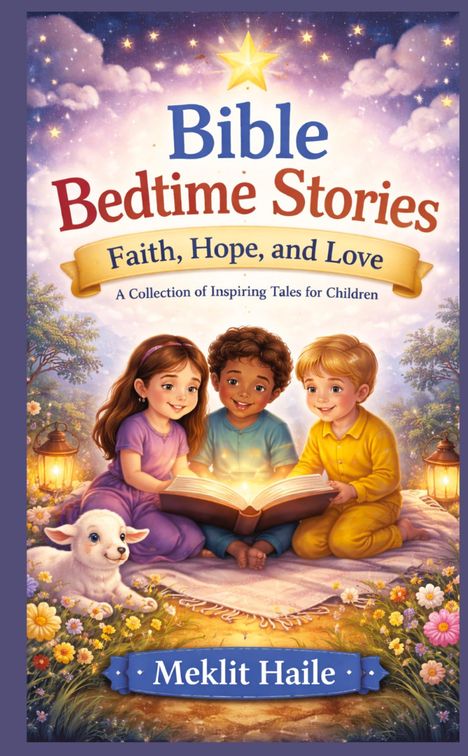 „Bible Bedtime Stories: Faith, Hope, and Love“; drei Kinder lesen ein leuchtendes Buch, neben ihnen ein Lamm.