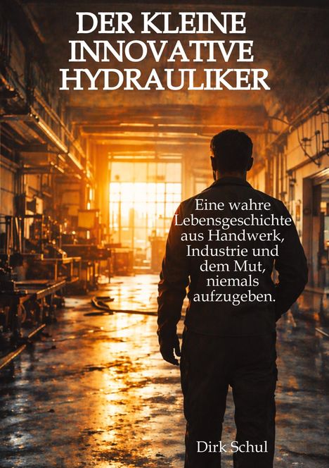 "DER KLEINE INNOVATIVE HYDRAULIKER. Eine wahre Lebensgeschichte. Ein Mann steht in einer beleuchteten Werkstatt."