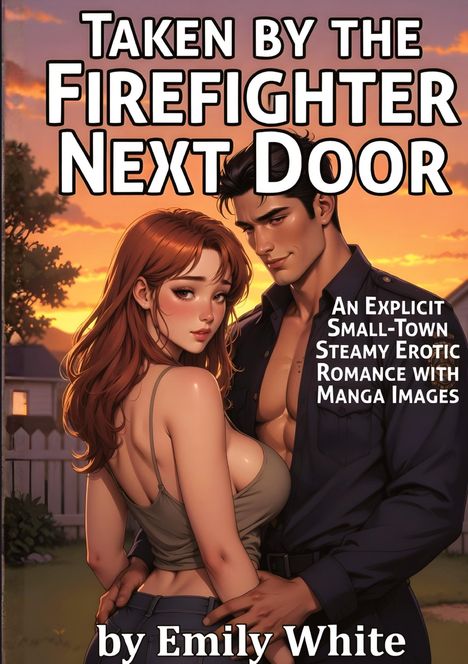 "Taken by the Firefighter Next Door" ist der Titel. Zwei gezeichnete Figuren im Sonnenuntergang, umarmen sich.