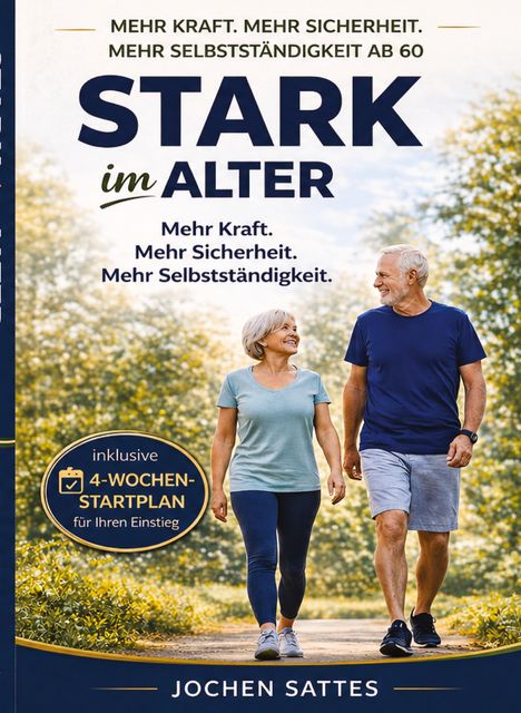 „Mehr Kraft. Mehr Sicherheit. Mehr Selbständigkeit ab 60“ steht oben. Zwei ältere Personen spazieren im Freien.
