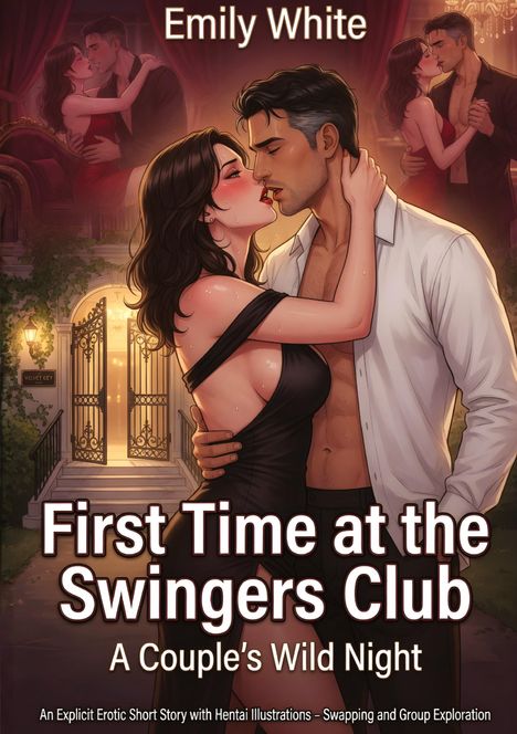 Titel: "First Time at the Swingers Club". Untertitel: "A Couple’s Wild Night". Illustration von Paaren beim Tanzen und Küssen.