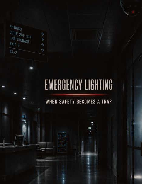 "Emergency Lighting: When Safety Becomes a Trap." Dunkler Korridor mit schwachem Licht, links ein Wegweiser.