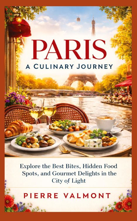 "PARIS: A CULINARY JOURNEY. Explore the best bites in the City of Light. Pierre Valmont." Vorne ein Tisch mit französischem Essen.