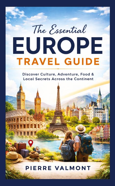 "The Essential Europe Travel Guide" zeigt berühmte europäische Wahrzeichen und zwei Reisende mit Gepäck in einer malerischen Landschaft.
