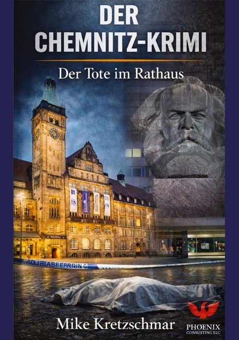 Titel: "DER CHEMNITZ-KRIMI". Untertitel: "Der Tote im Rathaus". Gebäude bei Nacht, mit einer Statue und bedecktem Körper im Vordergrund.