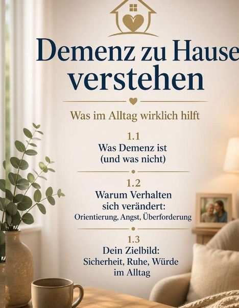 "Demenz zu Hause verstehen: Was im Alltag wirklich hilft. 1.1 Was Demenz ist; 1.2 Warum Verhalten sich verändert; 1.3 Dein Zielbild."