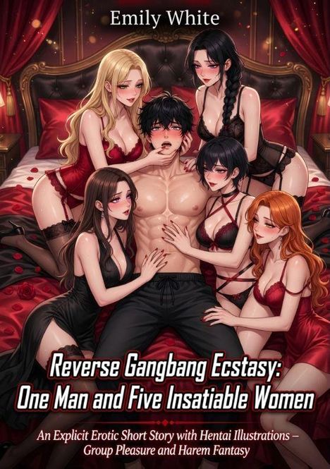 Titel: "Reverse Gangbang Ecstasy: One Man and Five Insatiable Women". Illustrationen von sechs Personen auf einem Bett in Dessous.