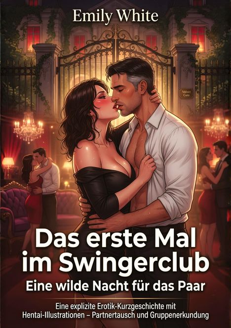 "Emily White: Das erste Mal im Swingerclub. Erotik-Kurzgeschichte. Illustration: Paar in intensiver Umarmung vor Tor."