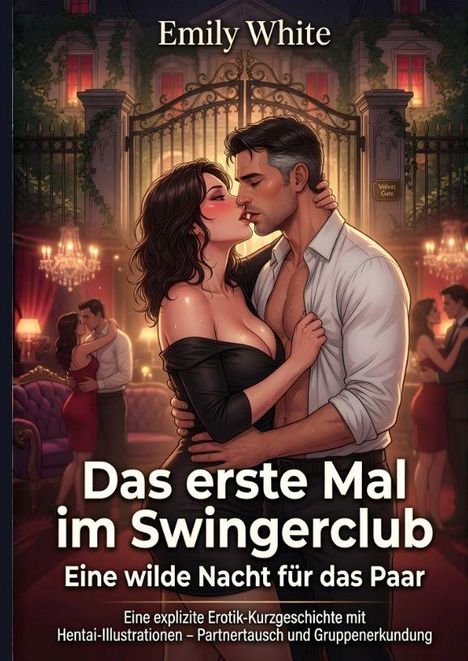 "Das erste Mal im Swingerclub" - Ein Paar küsst sich innig vor einem großen, eleganten Tor. Romantische Abendstimmung.