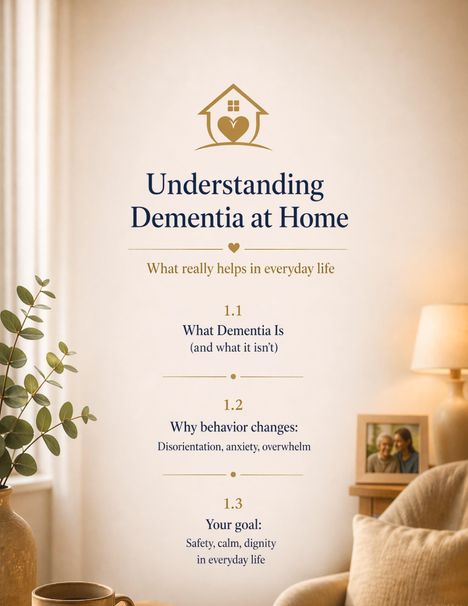 „Understanding Dementia at Home“. Punkte wie Demenzdefinition, Verhaltensänderungen und Ziele. Ein gemütliches Wohnzimmer.