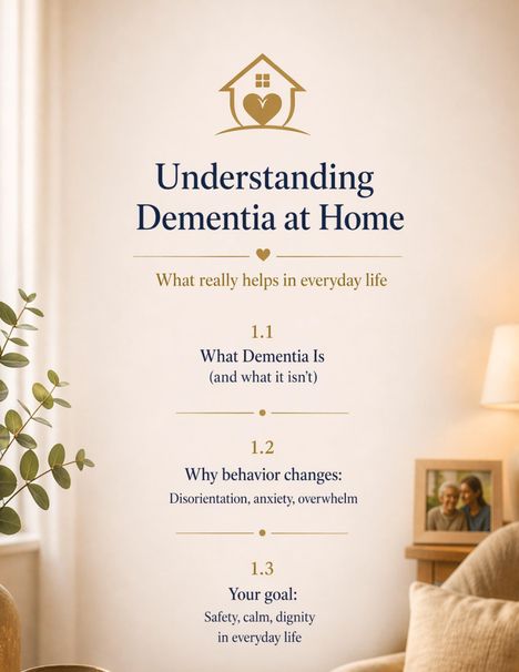 "Understanding Dementia at Home: What really helps in everyday life. 1.1 What Dementia Is, 1.2 Why behavior changes, 1.3 Your goal."  
Ein gemütlicher Wohnbereich ist zu sehen mit Pflanzen und Fotos.