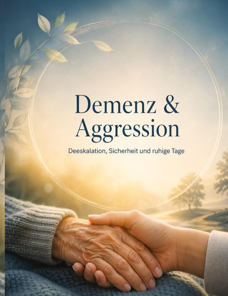 "Demenz & Aggression. Deeskalation, Sicherheit und ruhige Tage." Hände halten sich beruhigend; blauer Himmel.