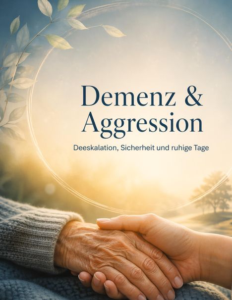 „Demenz & Aggression“ und „Deeskalation, Sicherheit und ruhige Tage“ auf ruhigem Hintergrund mit haltenden Händen.