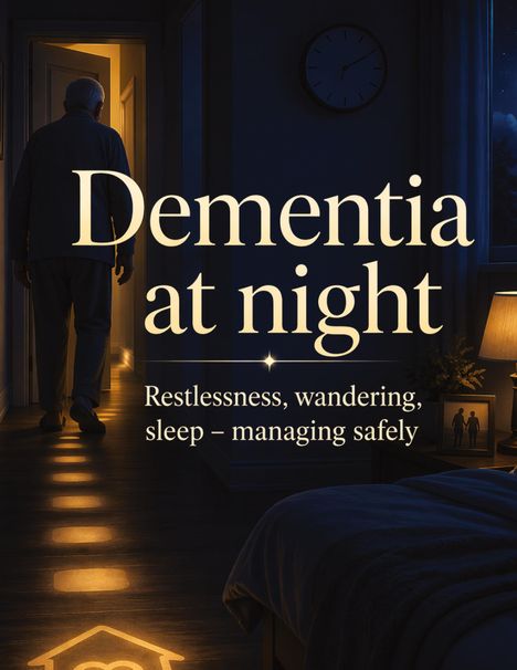 "Dementia at night. Restlessness, wandering, sleep – managing safely." Ein älterer Mann geht in einem schwach beleuchteten Flur.