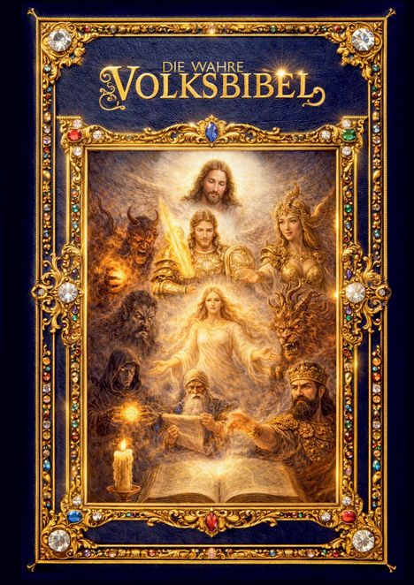 "Die wahre Volksbibel" steht in goldenen Buchstaben. Eine reich verzierte, göttliche Szene mit Figuren, Schwertern und hellem Licht.