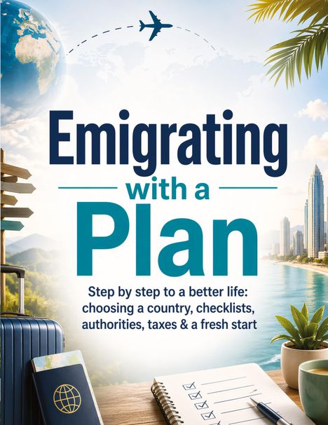 Text: "Emigrating with a Plan. Step by step to a better life: choosing a country, checklists, authorities, taxes & a fresh start." 

Abgebildet: Ein Koffer, Pass, Notizbuch und plant auf einem Tisch, eine Stadt im Hintergrund, und ein Flugzeug über einer Erdkugel.